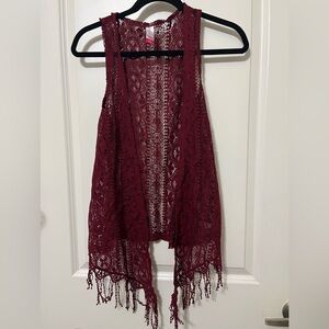 Long Sleeveless Crochet Fringe Vest size juniors L (11-13)